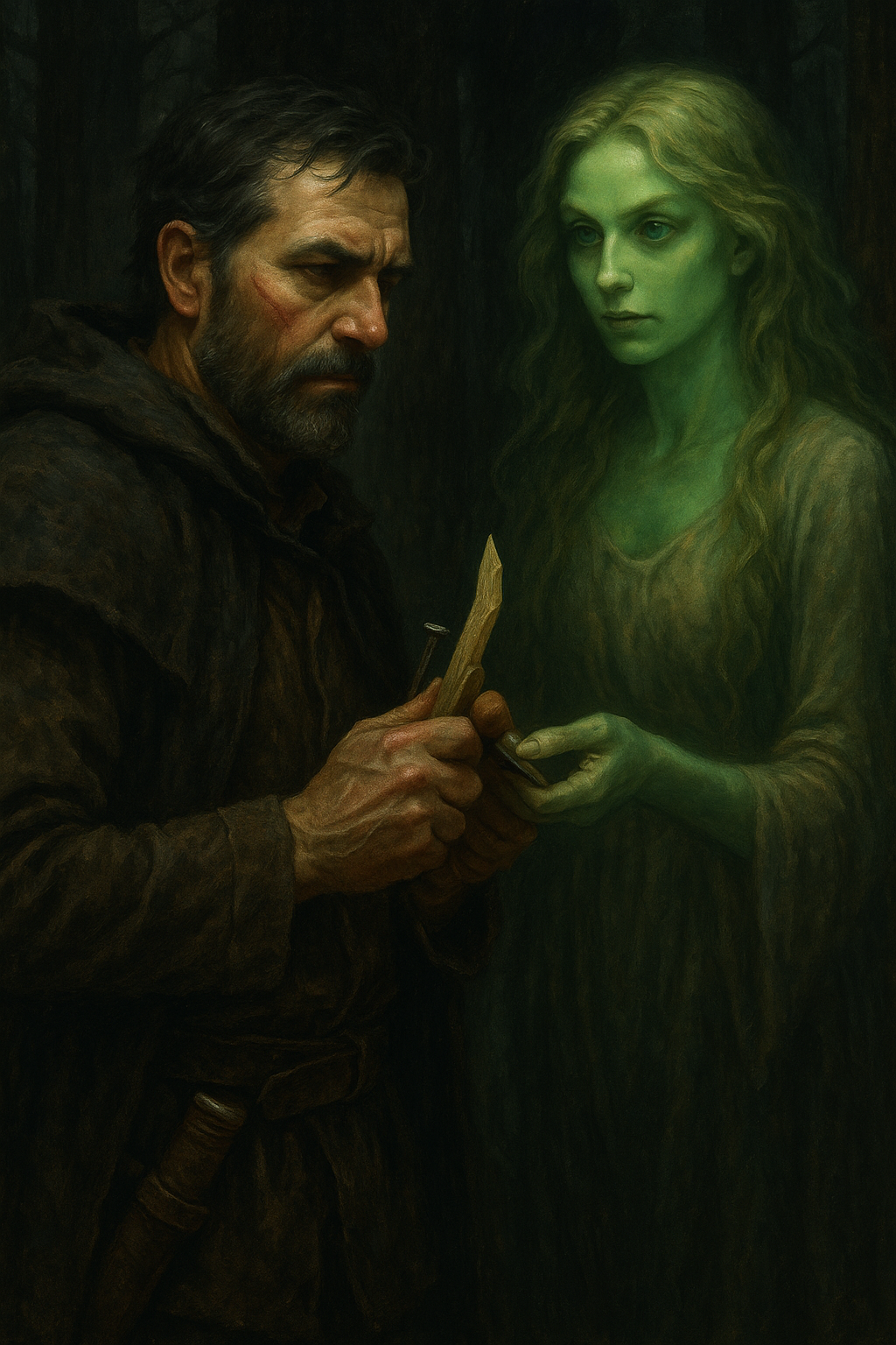 **Atmospheric digital illustration for Day 18, 'The Forest Spirit's Carving,' from 'The Elias Saga.' The image captures the tension between Elias, who is shown wearing his shirt inside-out and holding an axe, and the mysterious Huldra-like Skogsrået (Forest Spirit). The spirit stands in the cold, dense woods, offering Elias a tempting piece of carved wood (spikk), symbolizing an offer of an easy path that will cost him his soul and sense of direction.**