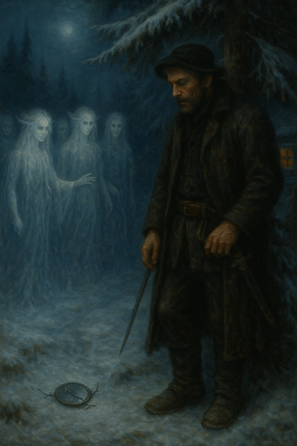 **Gothic digital illustration for Day 20, 'The Elven Vigil (Alvåken),' from 'The Elias Saga.' The scene shows Elias standing resolutely at the edge of his house's property, facing a group of pale, ethereal Alver (Elves) who are trying to lure him with a magical, shimmering silver light in the dark, cold landscape. The image captures the tension of the encounter, where Elias uses his knowledge of folklore (salt and silence) to resist the supernatural temptation.**