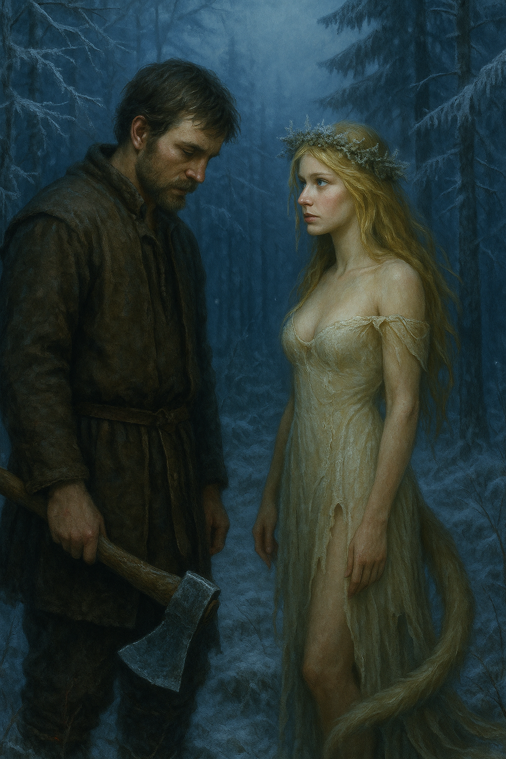 **Digital illustration for Day 3, 'Huldra in the Frost Forest,' from 'The Elias Saga.' The image features the mythical Nordic forest creature, the Huldra, standing alluringly in a snow-covered pine forest. She is depicted as a beautiful woman with long, pale hair and an unseen tail, attempting to lure Elias, who stands cautiously with an axe in his hand, into the dark, misty woods. The illustration highlights the danger of the beautiful forest temptress.**