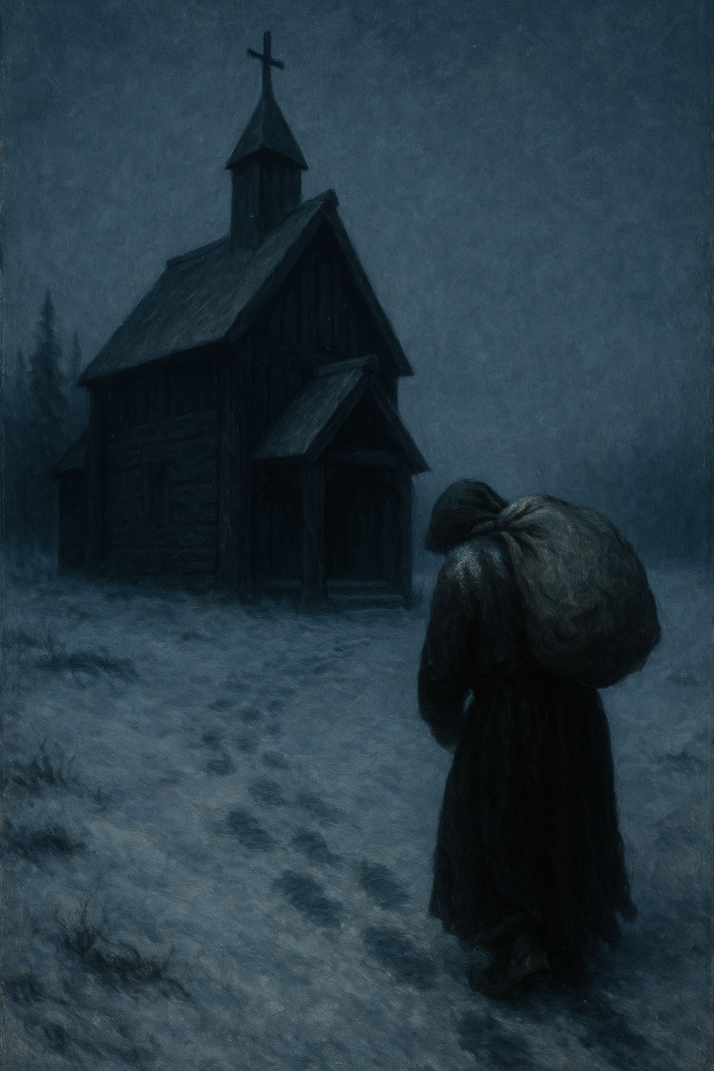**Gothic digital illustration for Day 7, 'The Myling on the Church Path,' from 'The Elias Saga.' A lone figure, Elias, walks heavily through a dark, snow-covered forest towards a distant, faint light (the church). He is shown struggling under the chilling burden of the Myling (the restless spirit of an unbaptized child) clinging to his back, symbolizing the heavy load of guilt and ritual he must fulfill on the path to hallowed ground.**